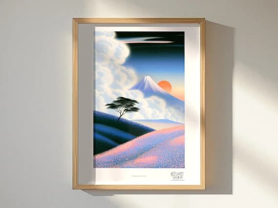 Framed Mountain Sun Glow art print, oak frame, shown in a styled room
