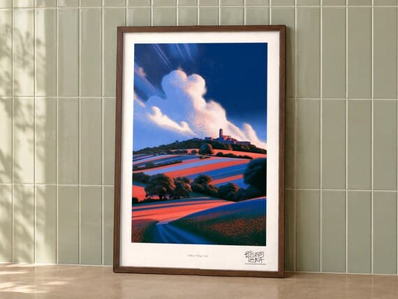 Hilltop Village Trail art print on a wall, room view