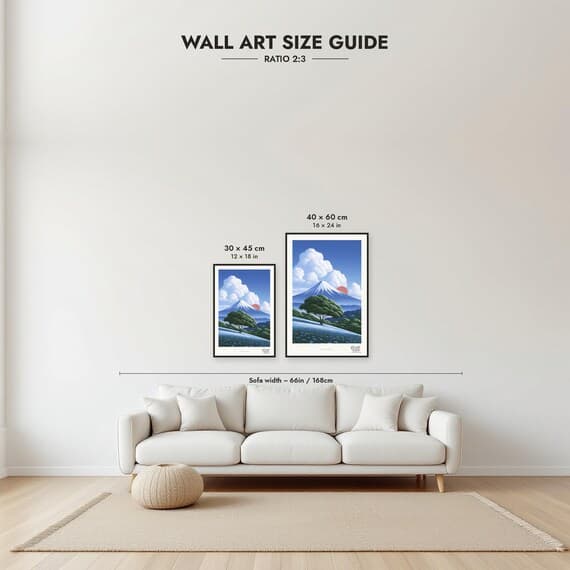 Framed size guide: 30x45 and 40x60 cm to scale above a sofa