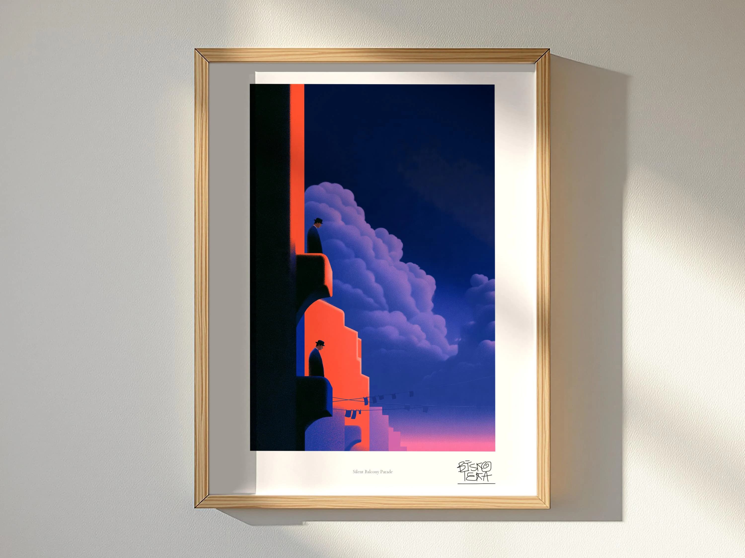Silent Balcony Parade art print, framed, in a second room setting