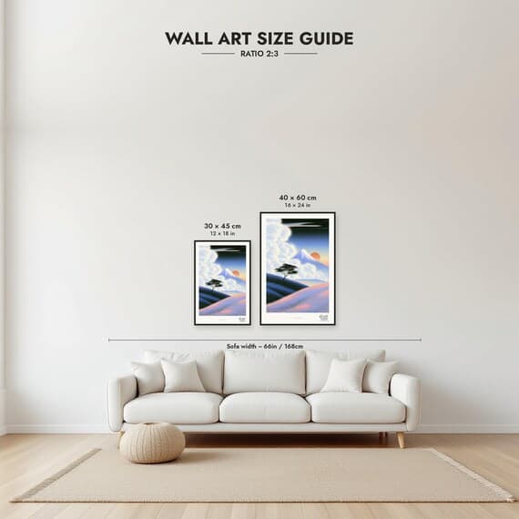 Framed size guide: 30×45 and 40×60 cm to scale above a sofa
