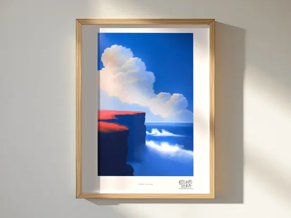 Cliffside Sky Drama art print, framed, shown in a styled room
