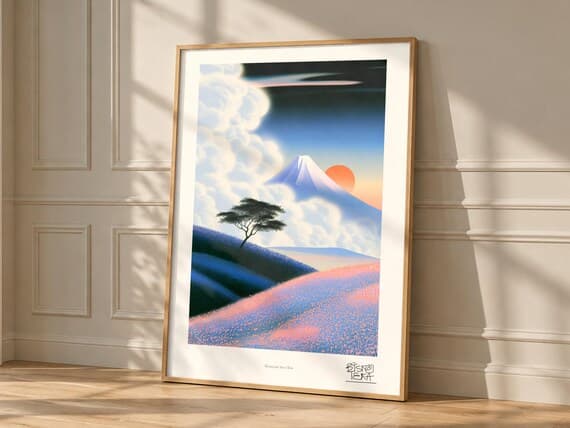 Mountain Sun Glow art print, framed, in a second room setting