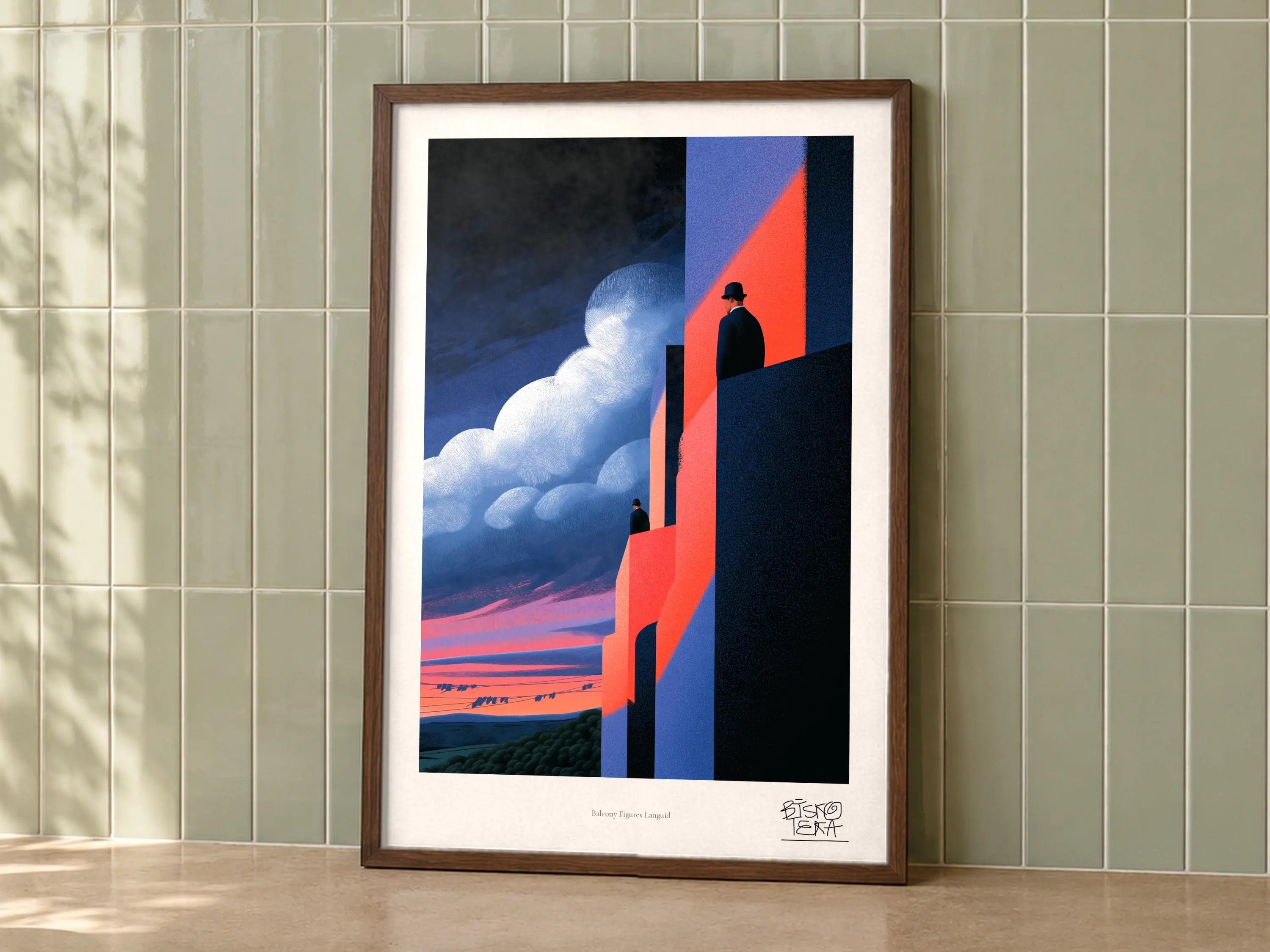 Balcony Figures Languid art print on a wall, room view