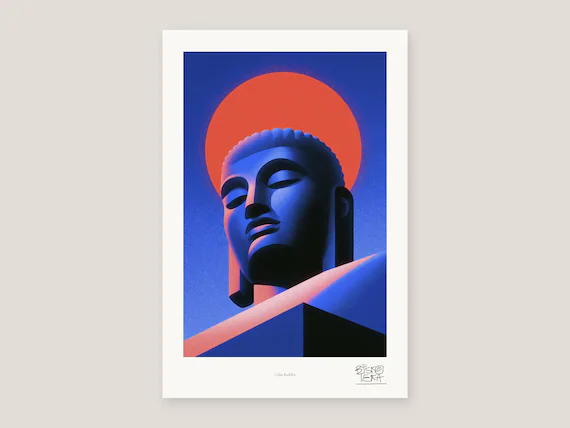 Calm Buddha art print, flat full view, red halo blue sacred form wall art