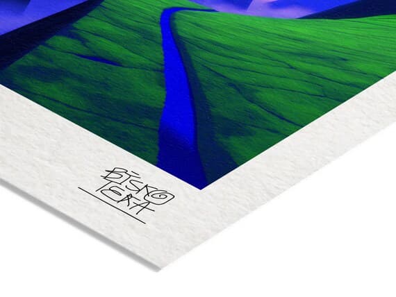 Close-up of the printed signature on the fine-art giclée paper of the Valley of Green Giants print