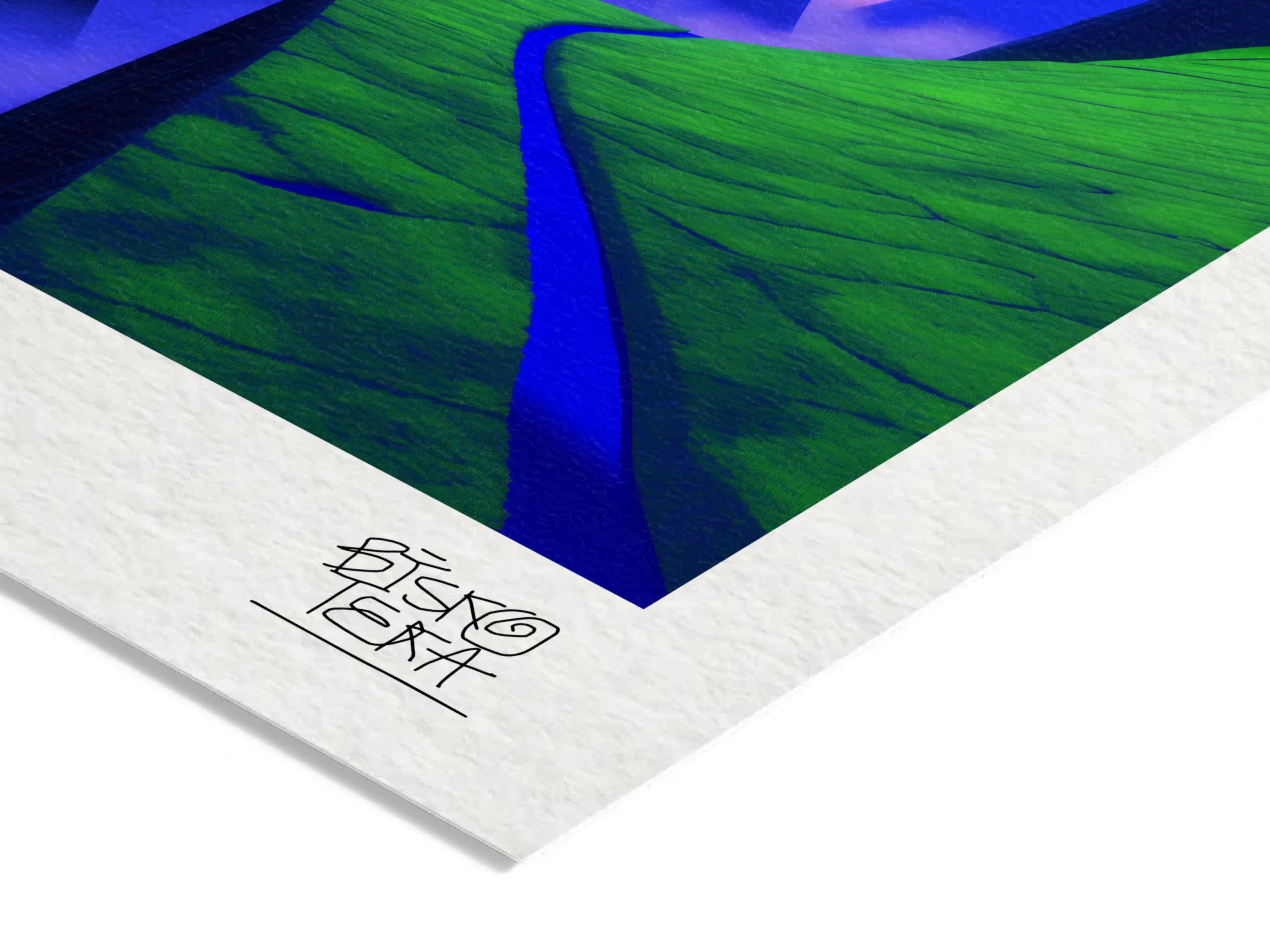 Close-up of the printed signature on the fine-art giclée paper of the Valley of Green Giants print