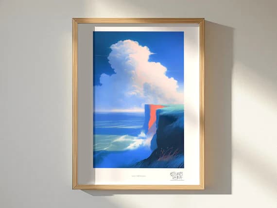 Azure Cliff Horizon framed art print, shown hanging in a styled room