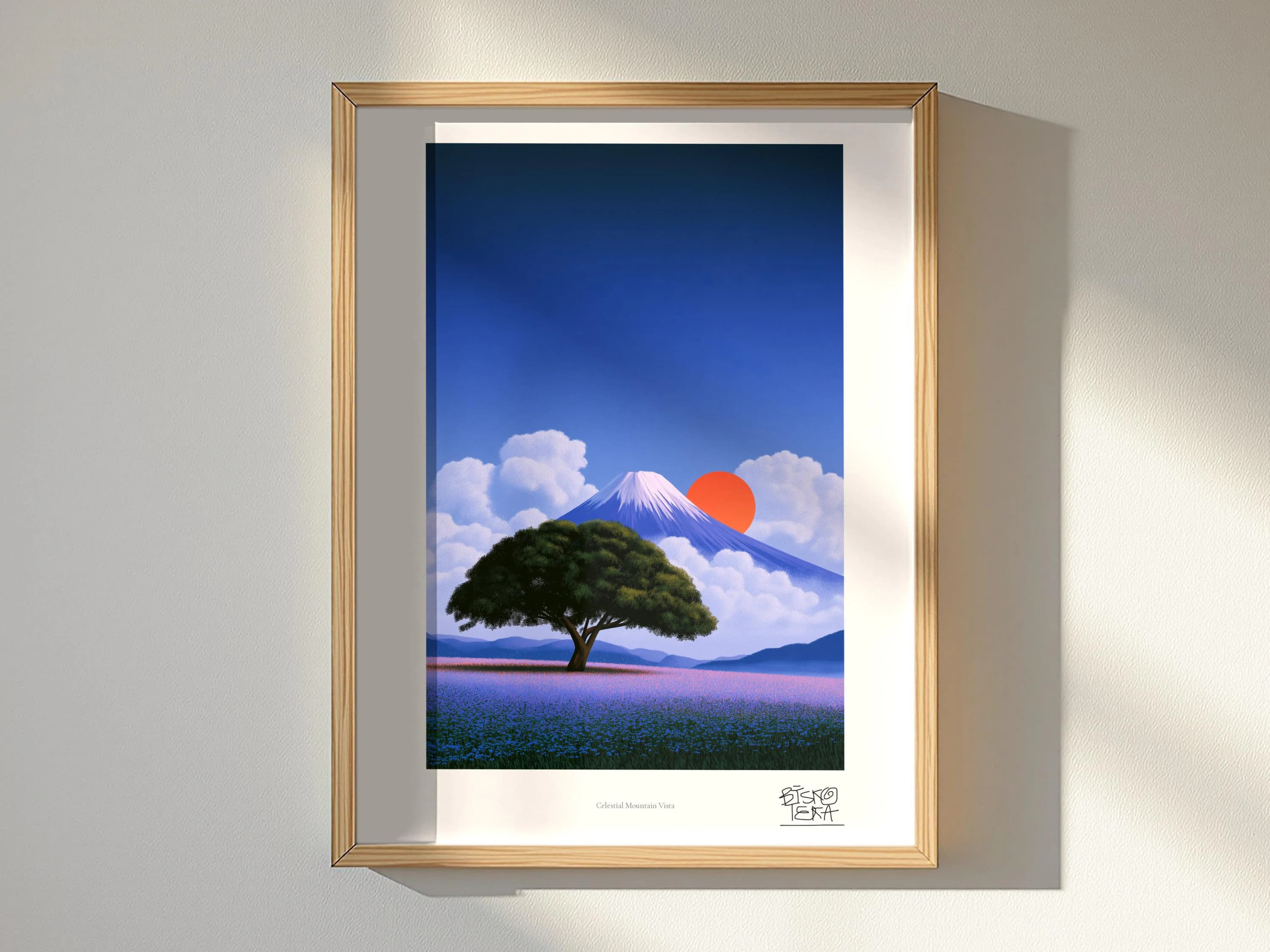 Celestial Mountain Vista art print, framed, shown in a styled room
