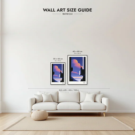 Framed size guide: 30x45 and 40x60 cm to scale above a sofa