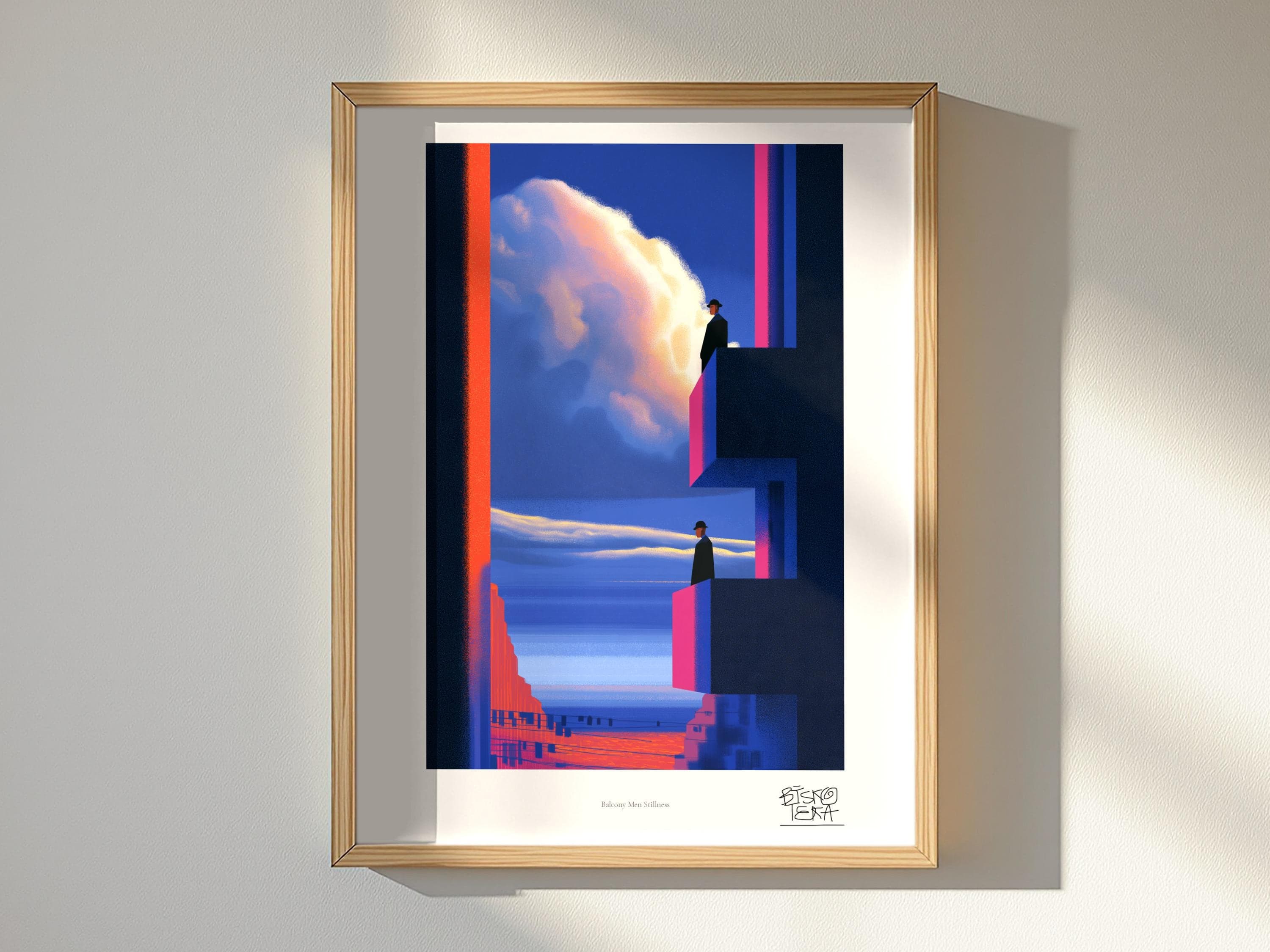 Balcony Men Stillness art print, framed, in a second room setting