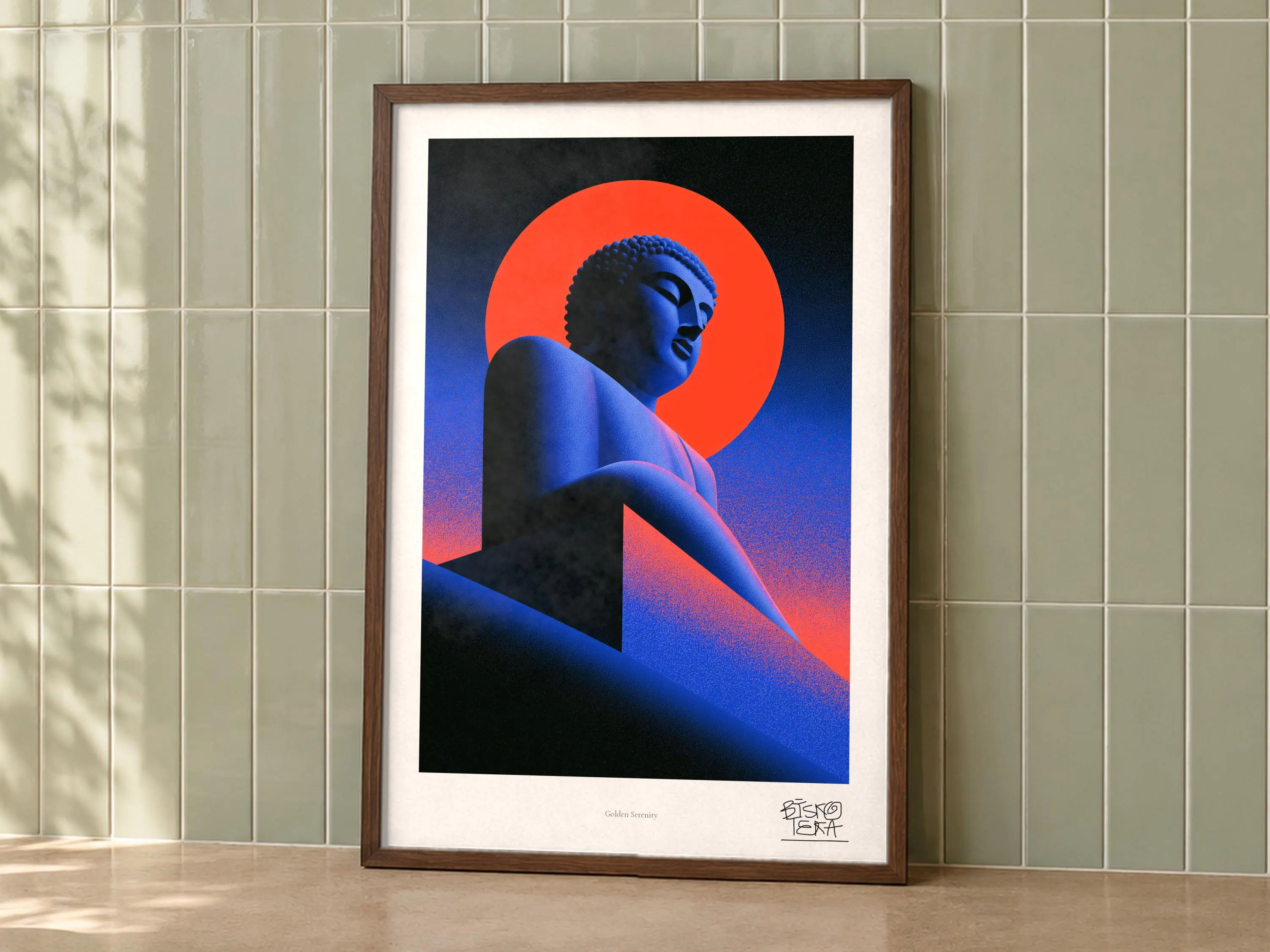 Golden Serenity art print on a wall, room view