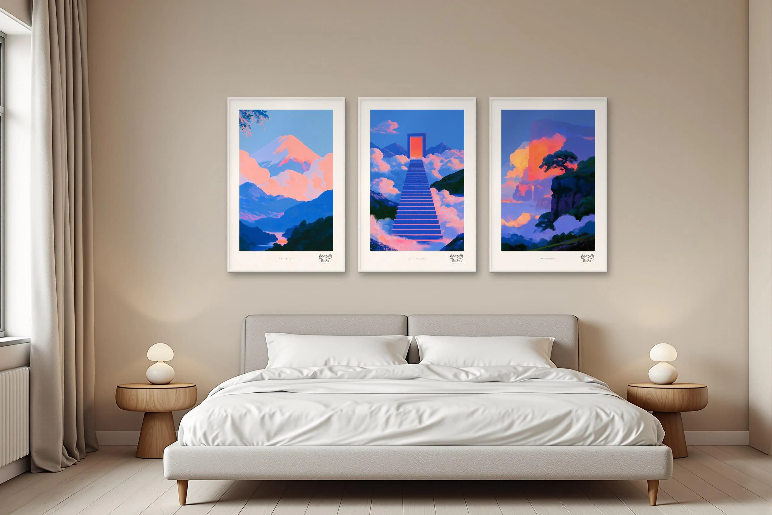 Above the Clouds trio shown together in a bedroom