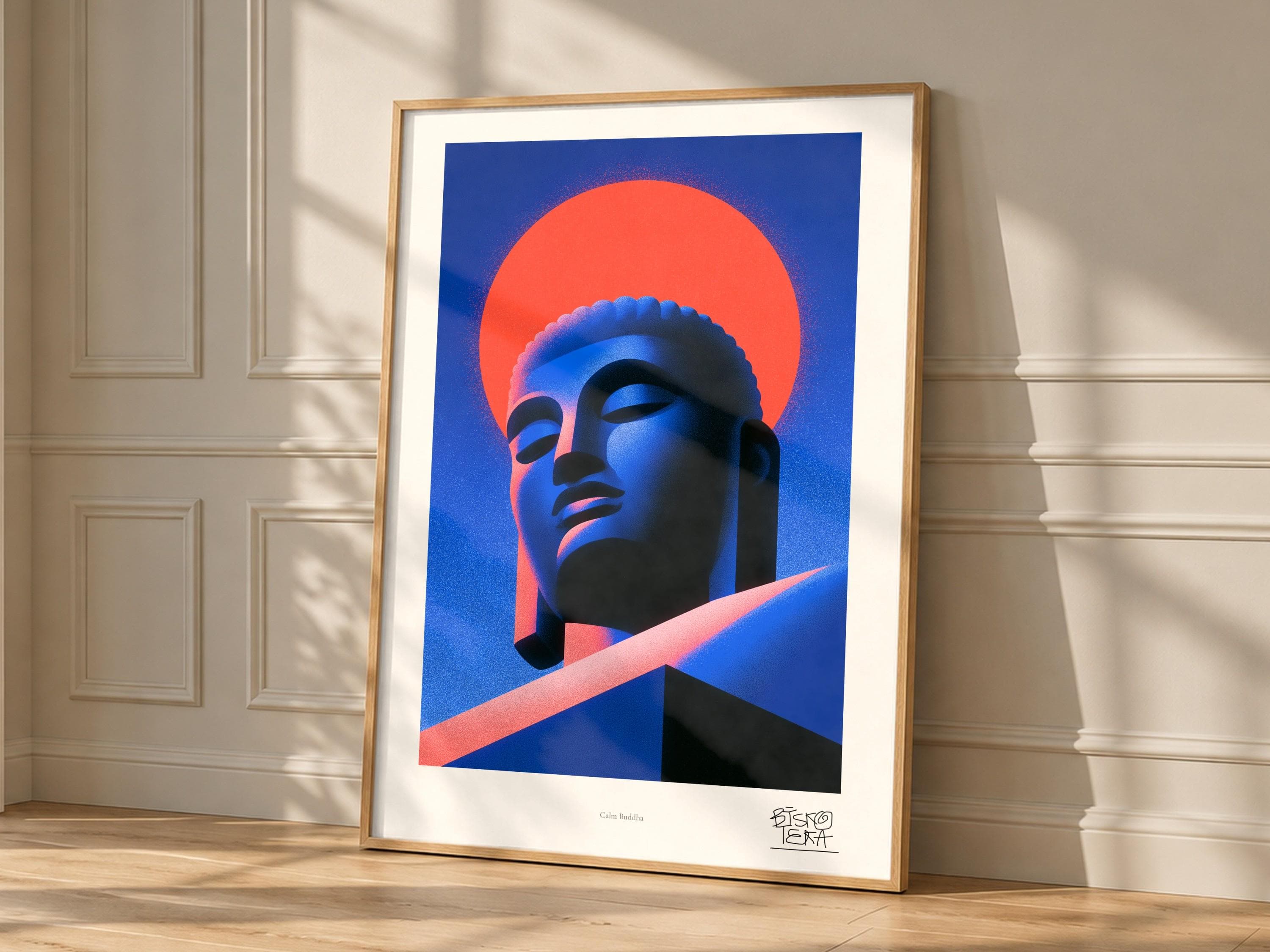 Calm Buddha framed art print, shown hanging in a styled room