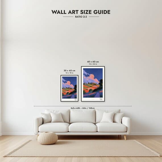 Framed size guide: 30x45 and 40x60 cm to scale above a sofa