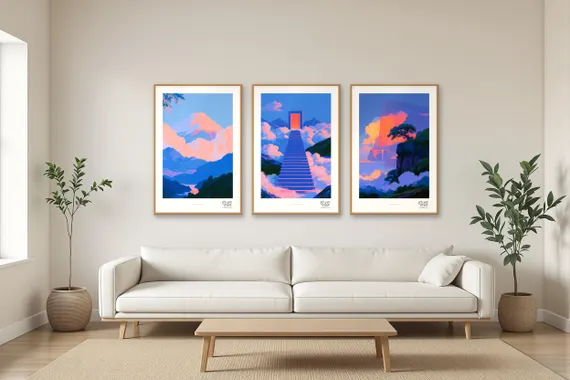 Above the Clouds trio shown together in a cream living room