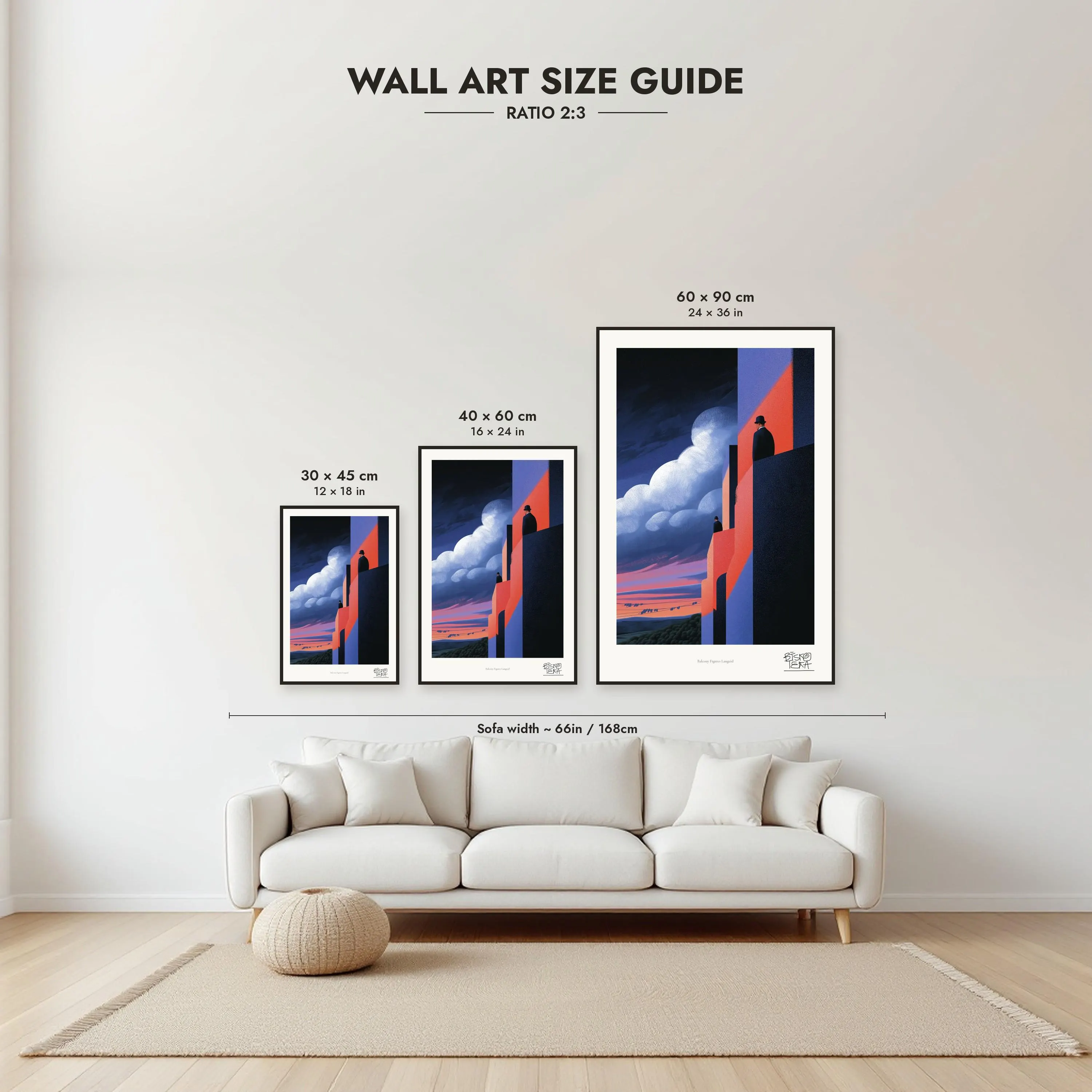 Size guide: 30×45, 40×60 and 60×90 cm to scale above a sofa