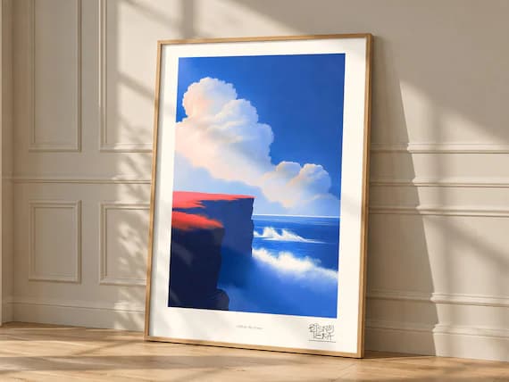 Cliffside Sky Drama art print, framed, in a second room setting
