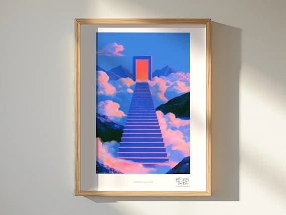 Cloudborne Staircase Portal framed art print, shown hanging in a styled room