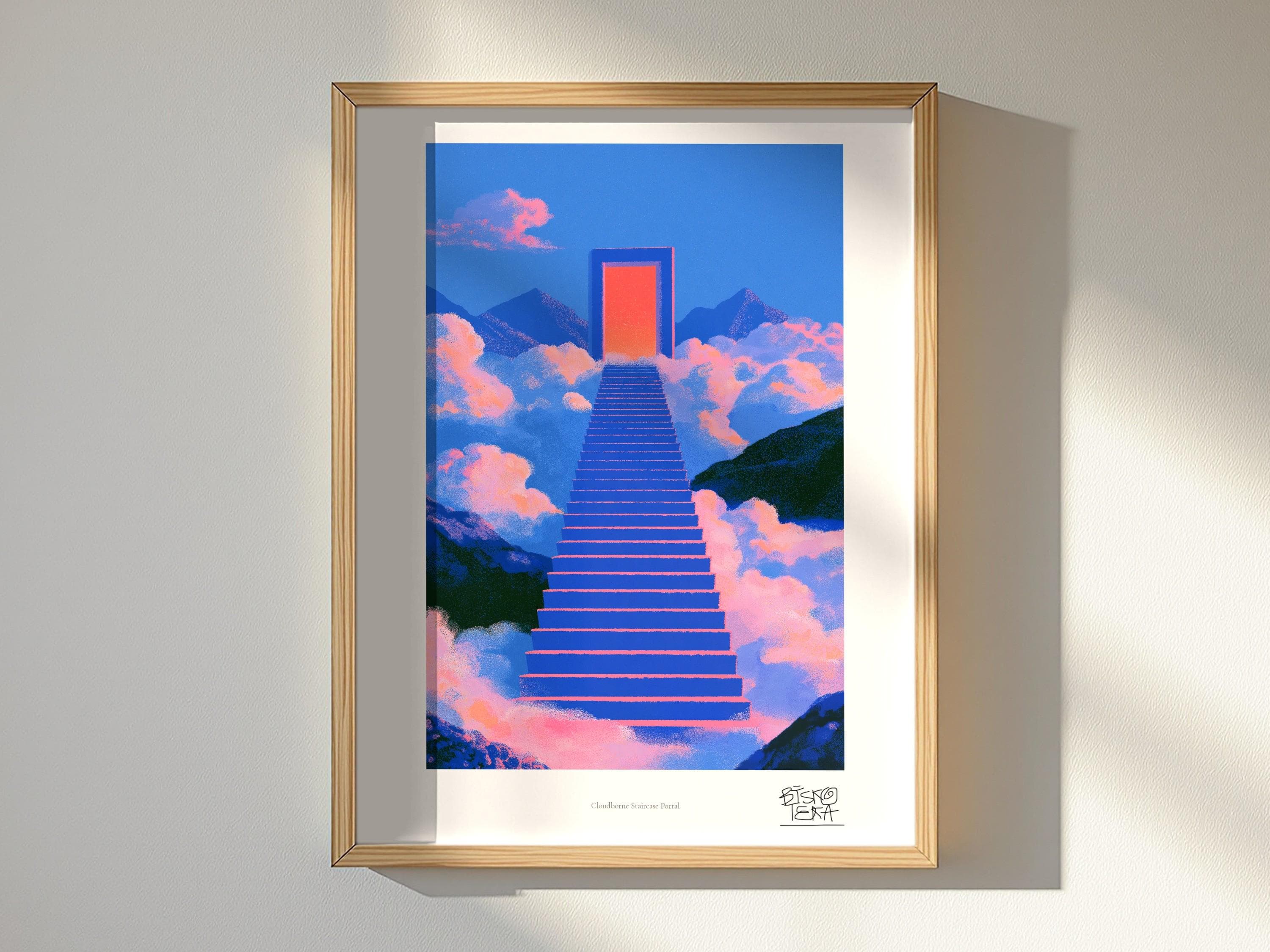 Cloudborne Staircase Portal framed art print, shown hanging in a styled room