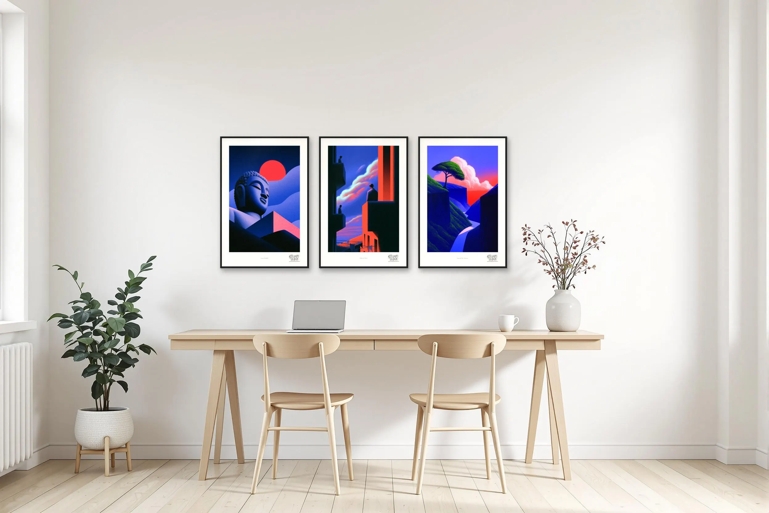 Midnight & Vermilion trio shown together over a desk