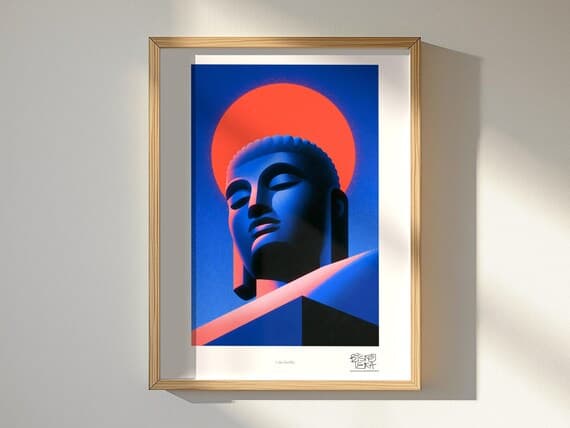 Calm Buddha art print, framed, in a second room setting