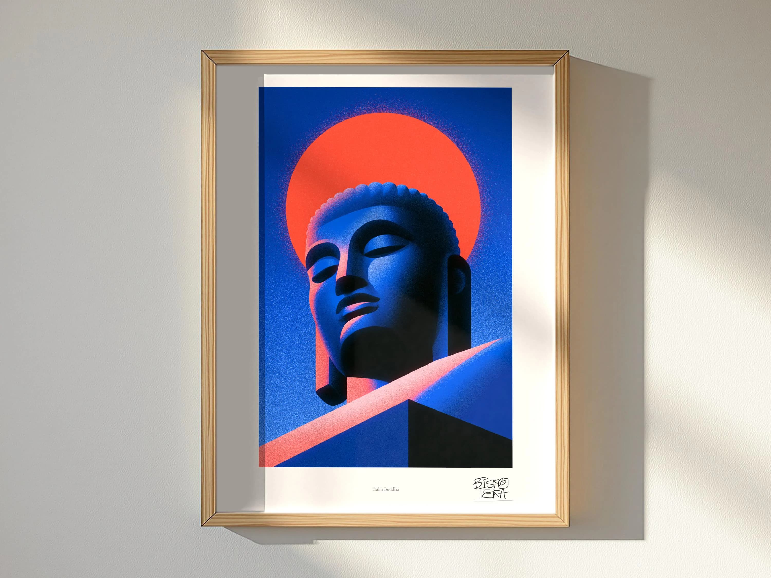 Calm Buddha art print, framed, in a second room setting