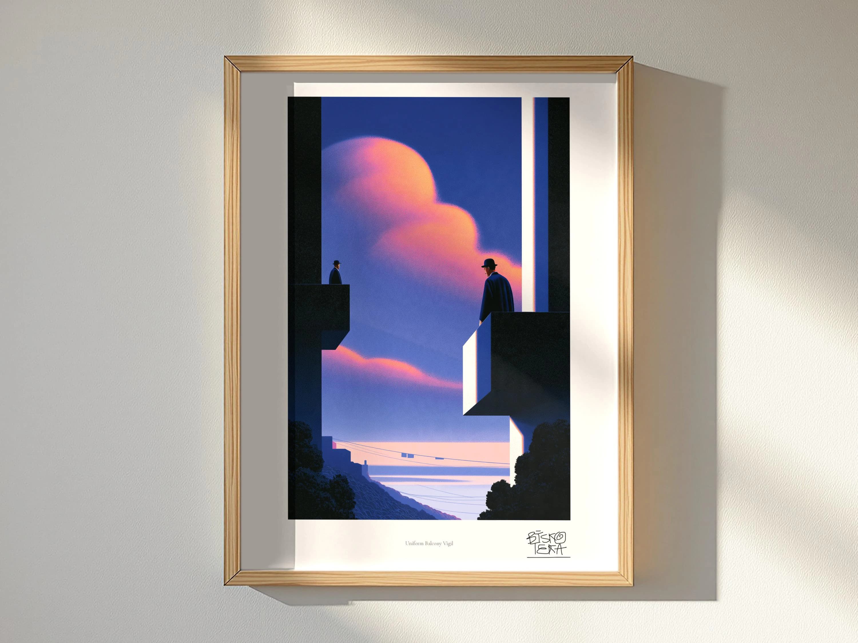 Uniform Balcony Vigil art print, framed, shown in a styled room
