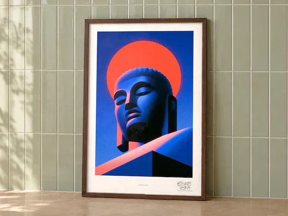 Calm Buddha framed art print, second room setting