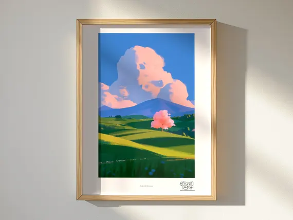 Pink Hill Blossom framed art print, shown hanging in a styled room