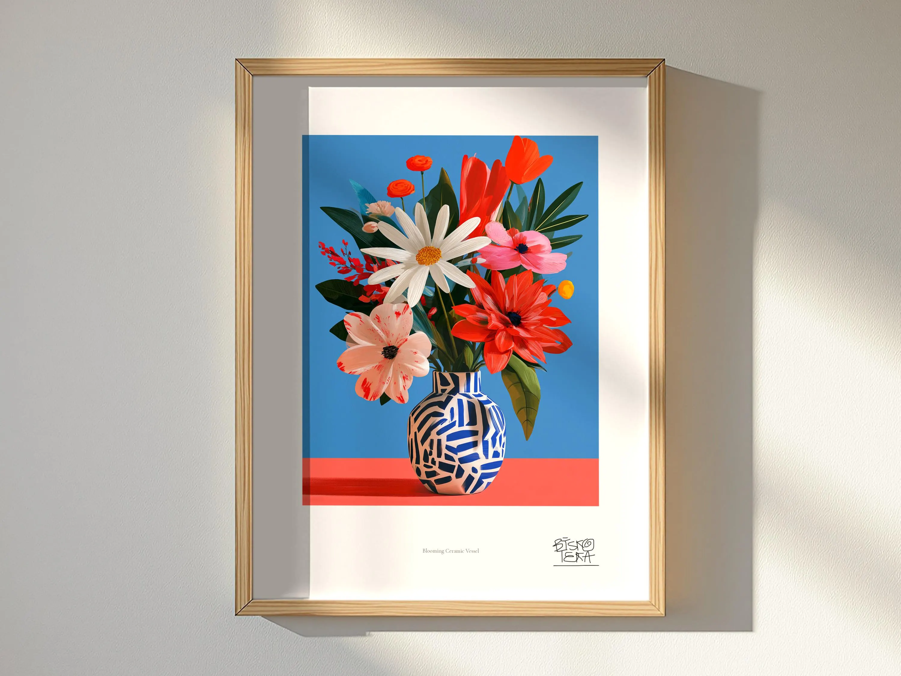 Blooming Ceramic Vessel art print, framed, in a second room setting