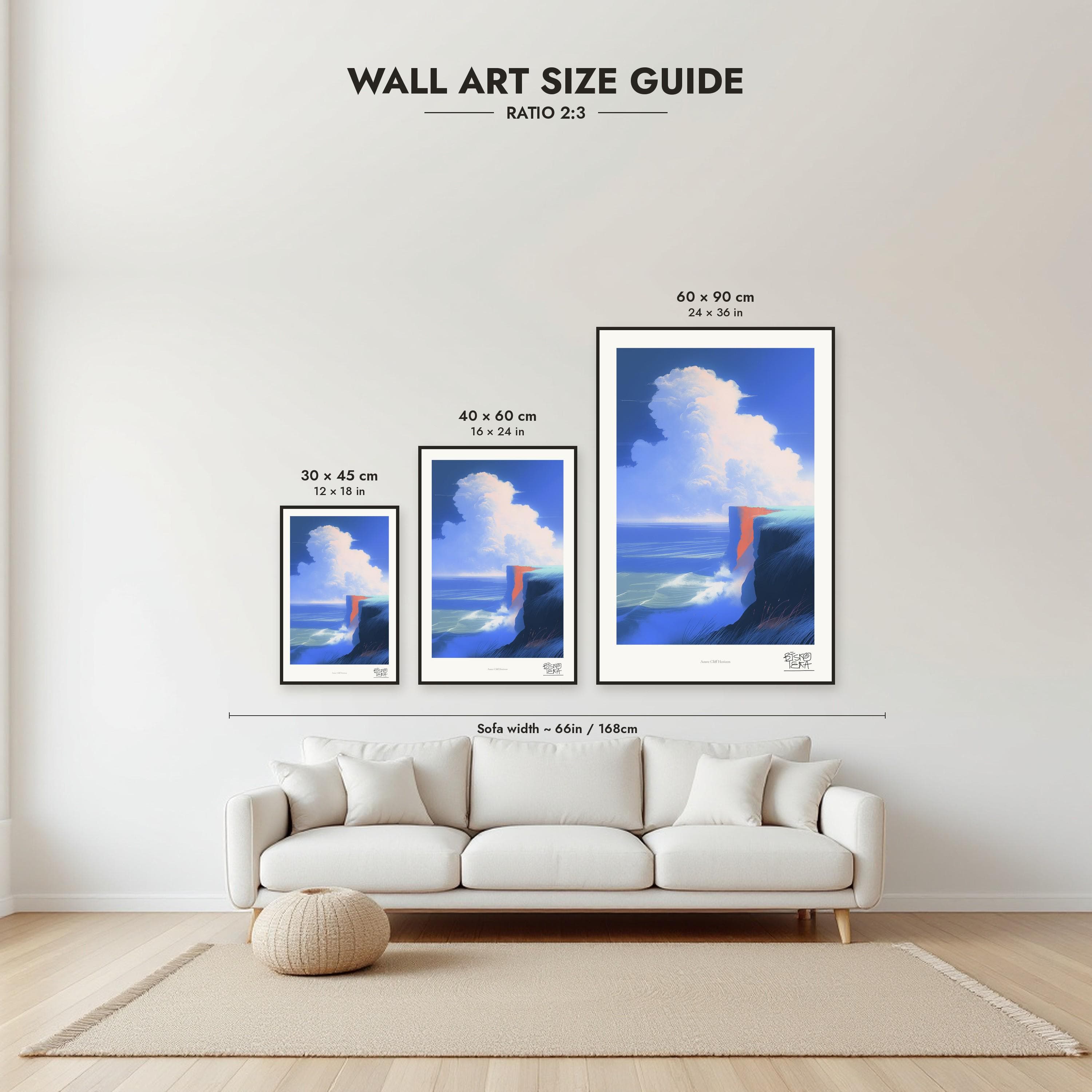 Size guide: 30×45, 40×60 and 60×90 cm to scale above a sofa