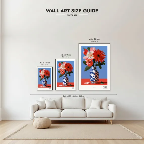Size guide: 30×45, 40×60 and 60×90 cm to scale above a sofa