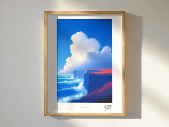Cliffside Ocean Majesty art print, framed, shown in a styled room