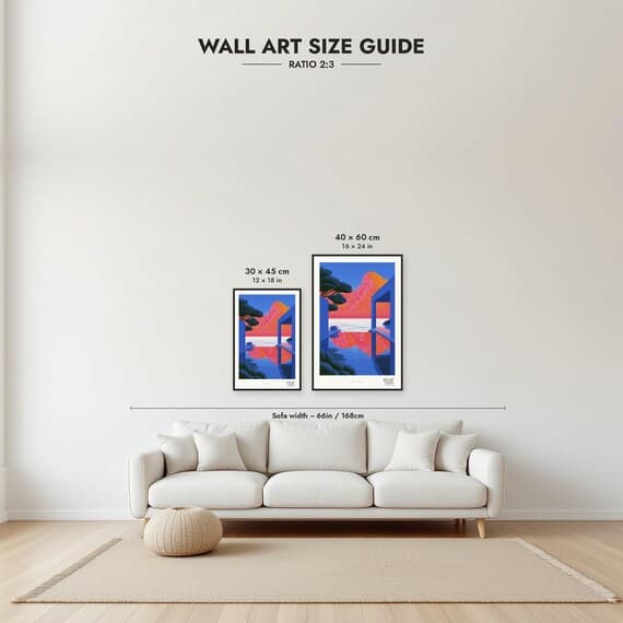 Framed size guide: 30x45 and 40x60 cm to scale above a sofa