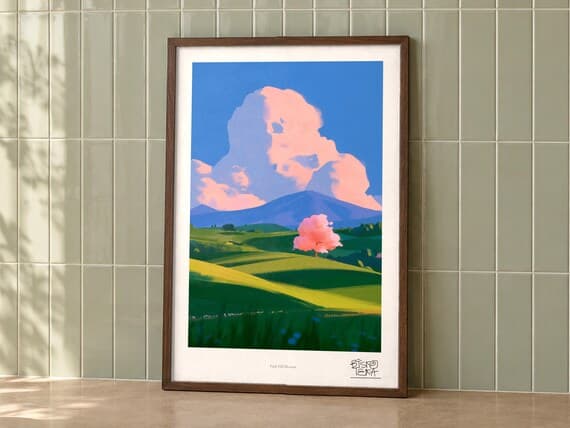 Pink Hill Blossom art print on a wall, room view