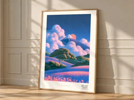 Snowy Sunrise Landscape framed art print, shown hanging in a styled room