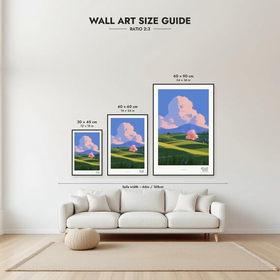 Size guide: 30×45, 40×60 and 60×90 cm to scale above a sofa