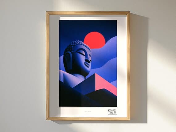 Serene Buddha art print, framed, shown in a styled room