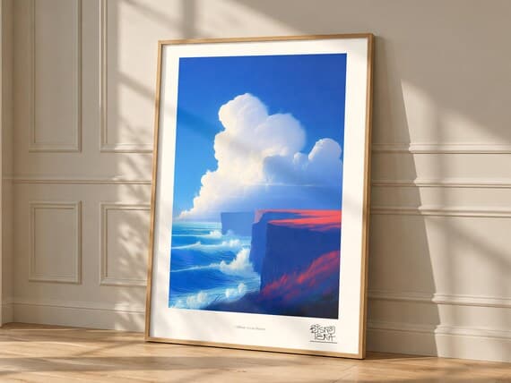 Cliffside Ocean Majesty art print, framed, in a second room setting
