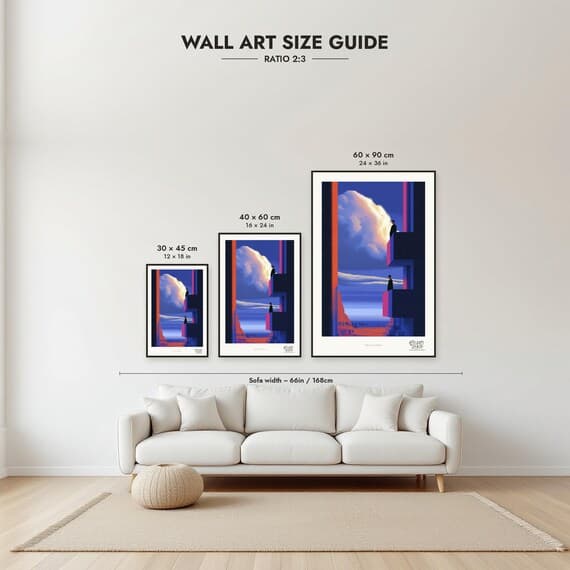 Size guide: 30×45, 40×60 and 60×90 cm to scale above a sofa