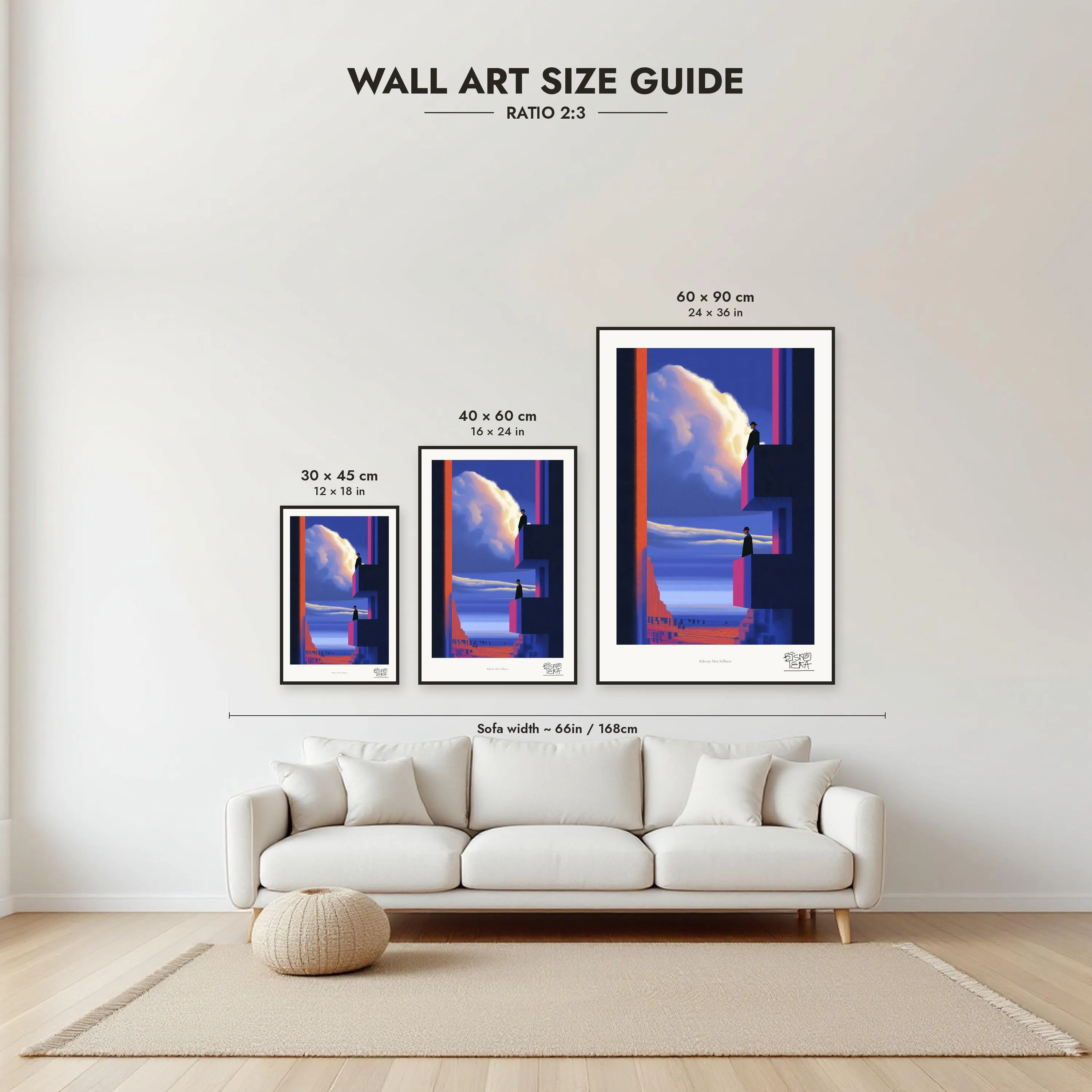 Size guide: 30×45, 40×60 and 60×90 cm to scale above a sofa
