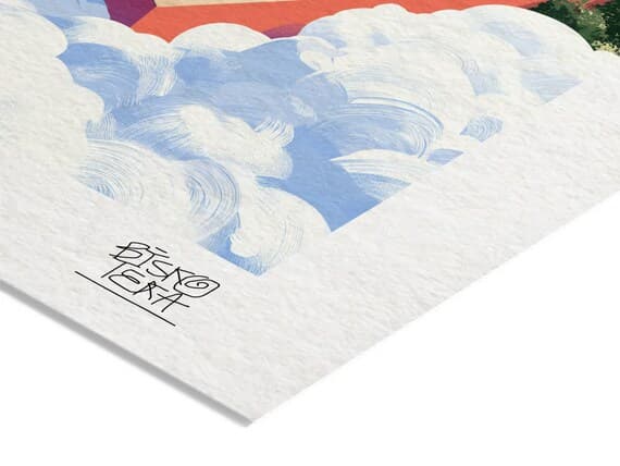 Close-up of the printed signature on the fine-art giclée paper of the Skyward Water Oasis print