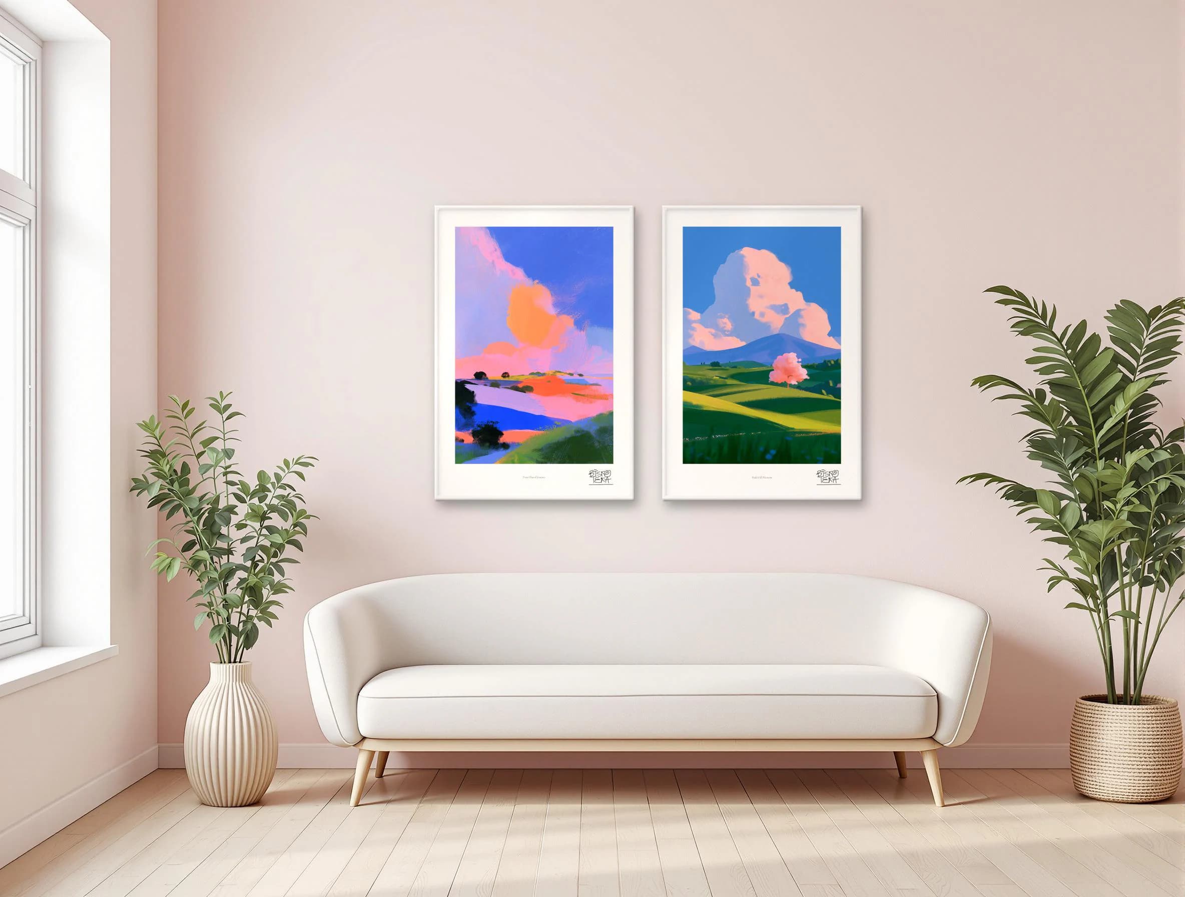 Pastel Hills duo shown together on a blush living room wall