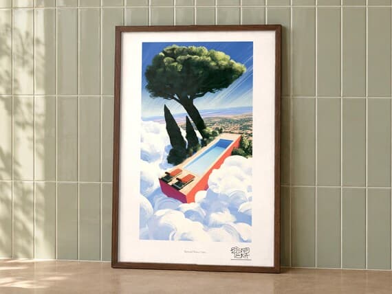 Skyward Water Oasis art print on a wall, room view