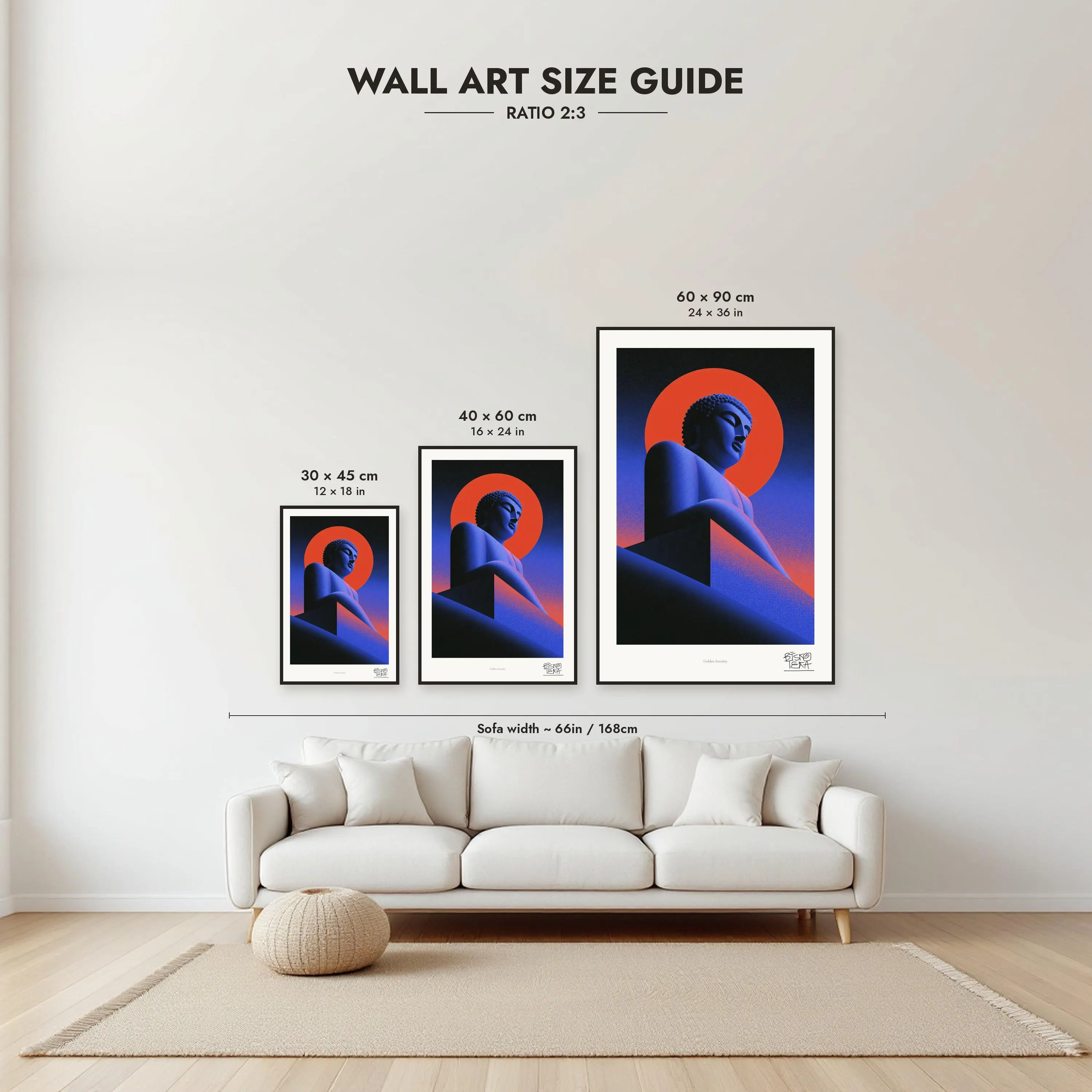 Size guide: 30×45, 40×60 and 60×90 cm to scale above a sofa