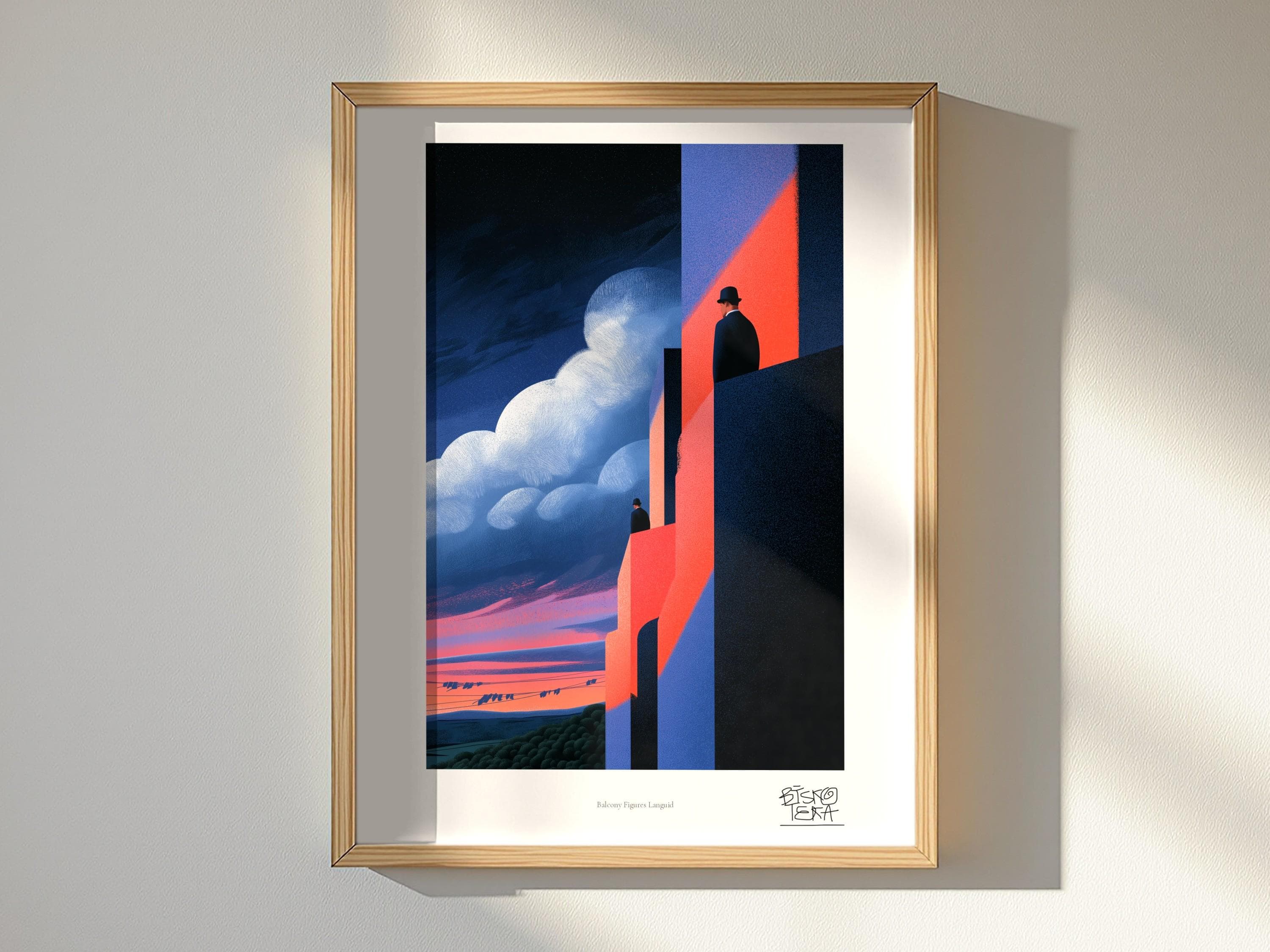 Balcony Figures Languid framed art print, shown hanging in a styled room