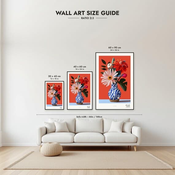 Size guide: 30×45, 40×60 and 60×90 cm to scale above a sofa