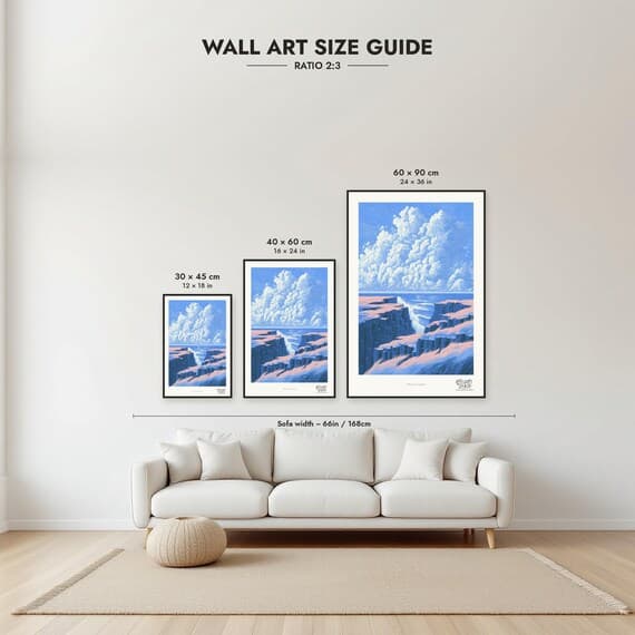 Size guide: 30×45, 40×60 and 60×90 cm to scale above a sofa