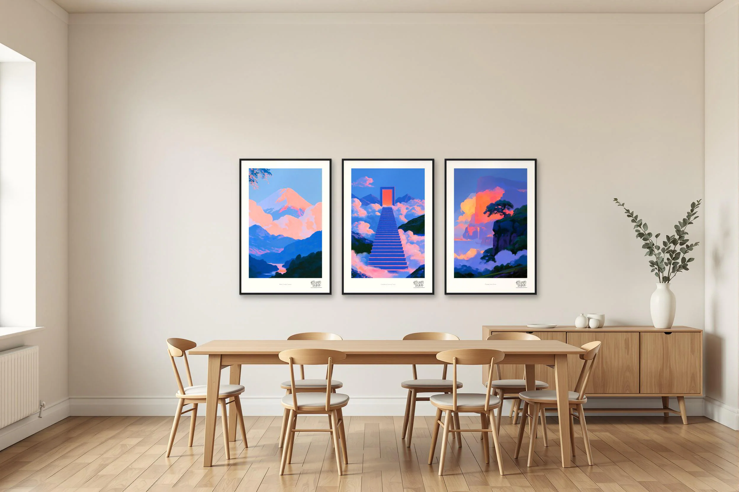 Above the Clouds trio shown together in a dining room